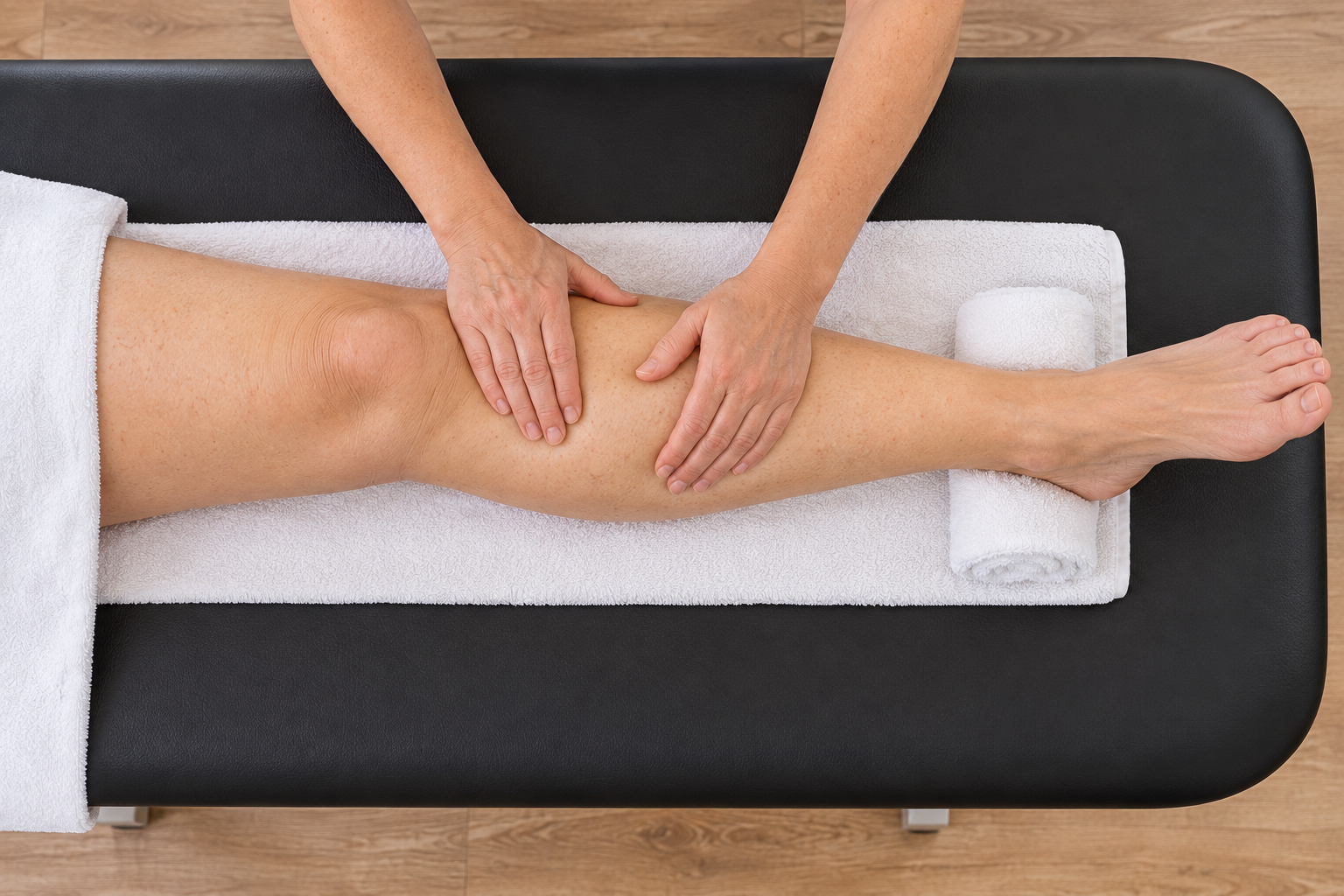Manuelle Lymphdrainage am Bein auf einer Behandlungsliege in unserer Praxis